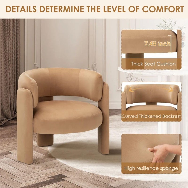 Comfynest Modern Velvet Accent Chair – 3-Leg Barrel Style Upholstered Chair with Foam Padding & Stain-Resistant Fabric (Khaki) - Image 4